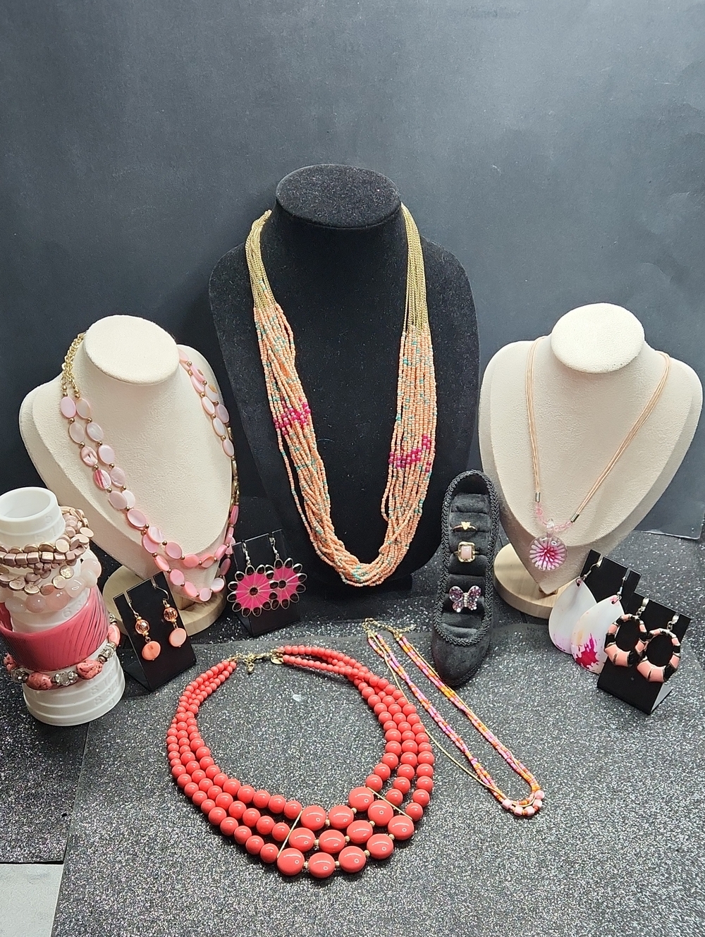 Multi-Strand Coral Pink Beaded Necklace Bundle
